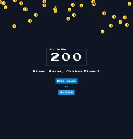 A screenshot of 200 code displayed as coins fall from above.