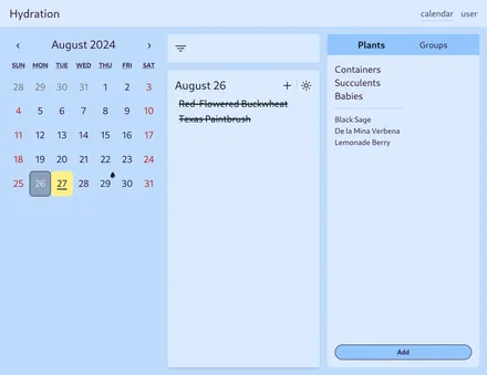 A screenshot of a calendar and list of plants that need watering.