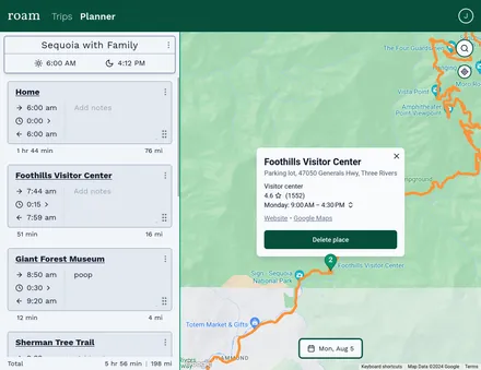 A screenshot showing a location on a map to be added to the planner.